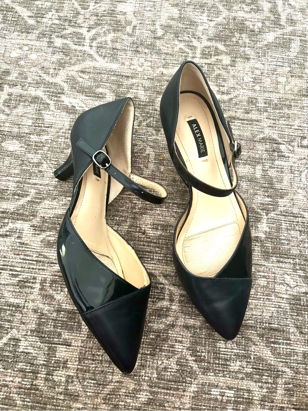 Alex Marie Navy Pointed Toe Mary Jane Kitten Heels Mixed Materials 6M